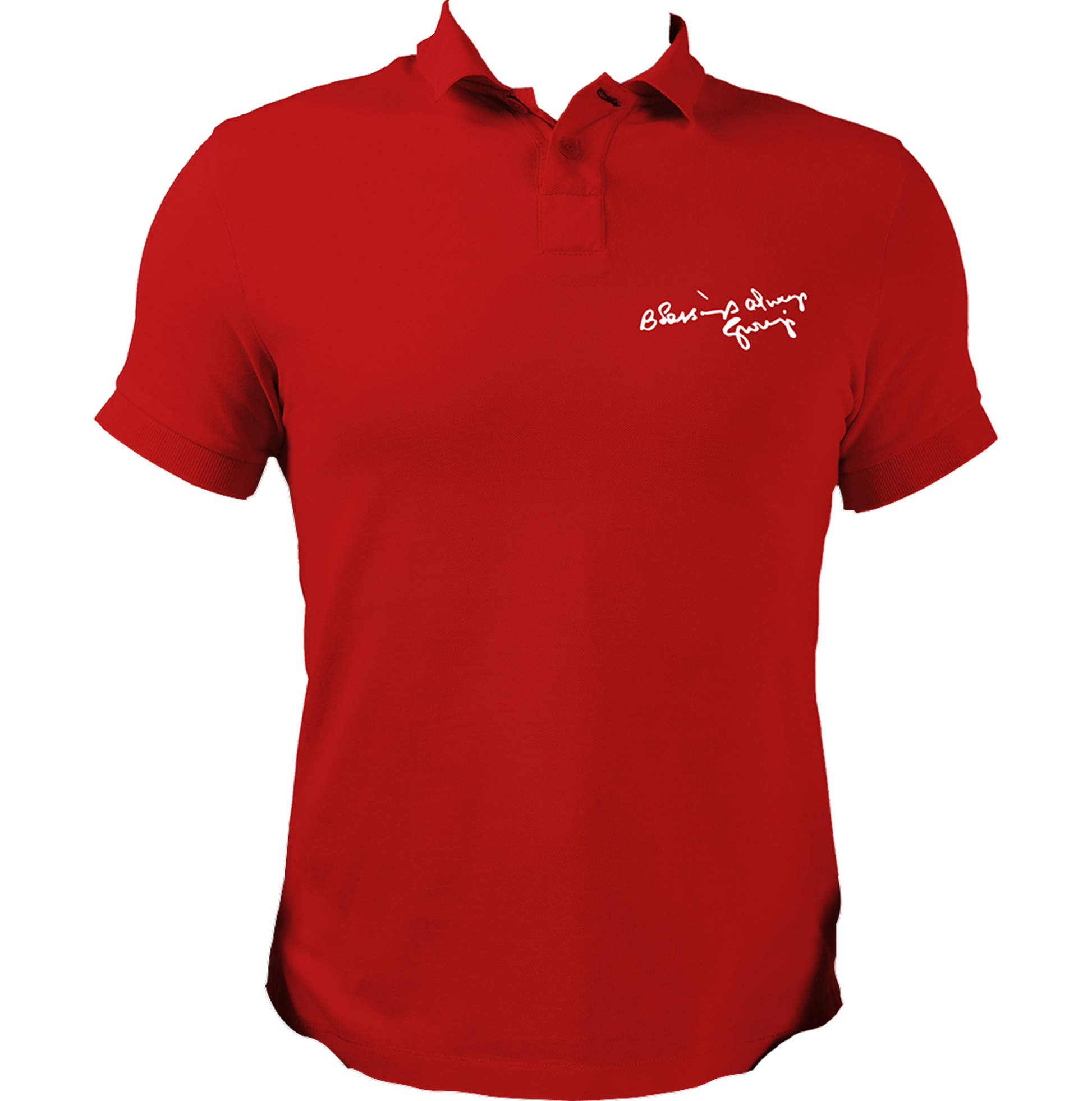 Blessings Always Guruji red polo T-shirt with devotional graphic by Garrari