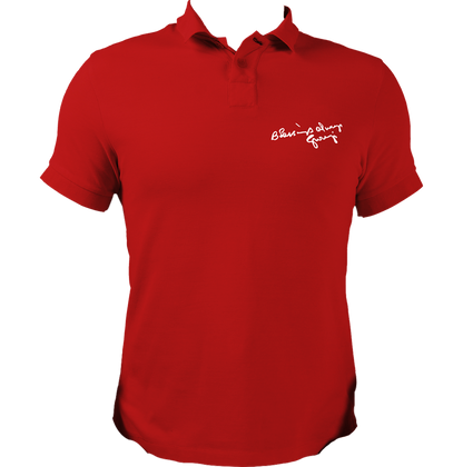 Blessings Always Guruji red polo T-shirt with devotional graphic by Garrari
