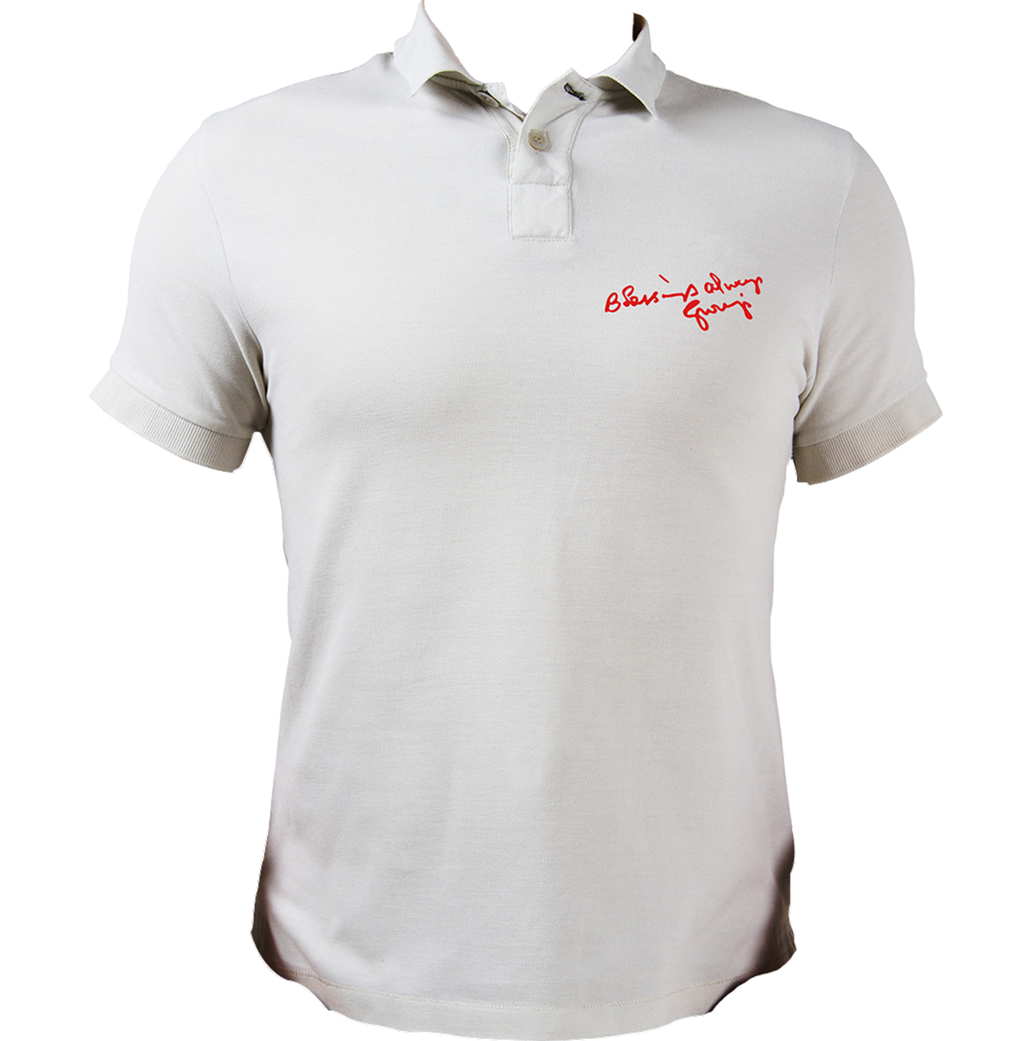 Blessings Always Guruji white polo T-shirt with devotional graphic by Garrari