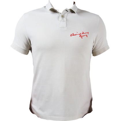 Blessings Always Guruji white polo T-shirt with devotional graphic by Garrari