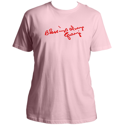 Blessings Always Guruji baby pink unisex T-shirt with devotional graphic by Garrari