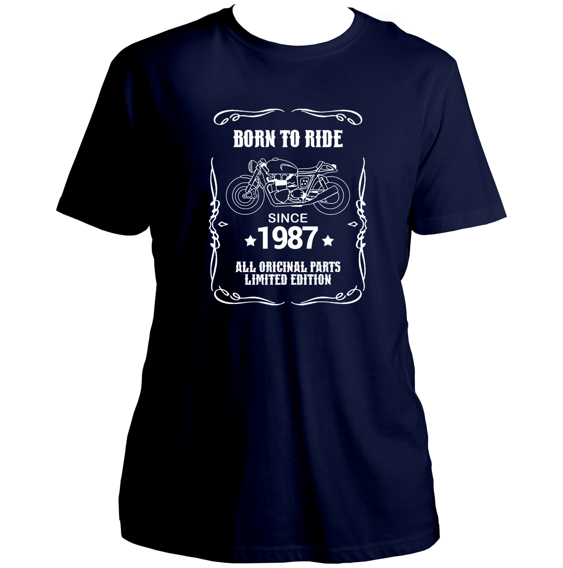 Navy Blue Born To Ride Since 1987 Unisex T-Shirt with motorcycle graphic by Garrari