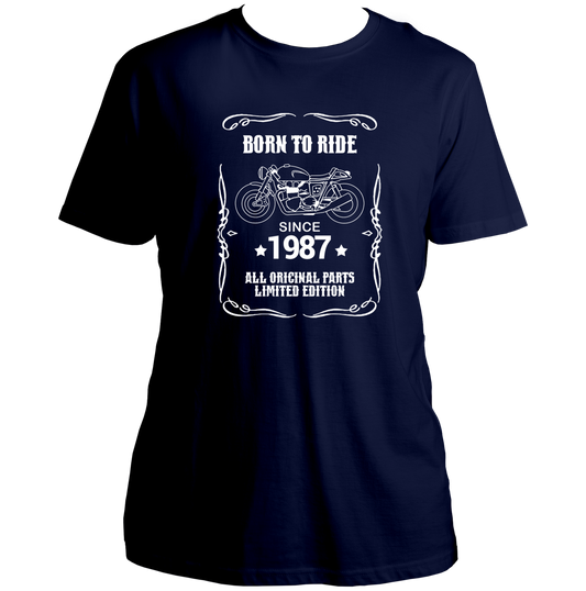 Navy Blue Born To Ride Since 1987 Unisex T-Shirt with motorcycle graphic by Garrari