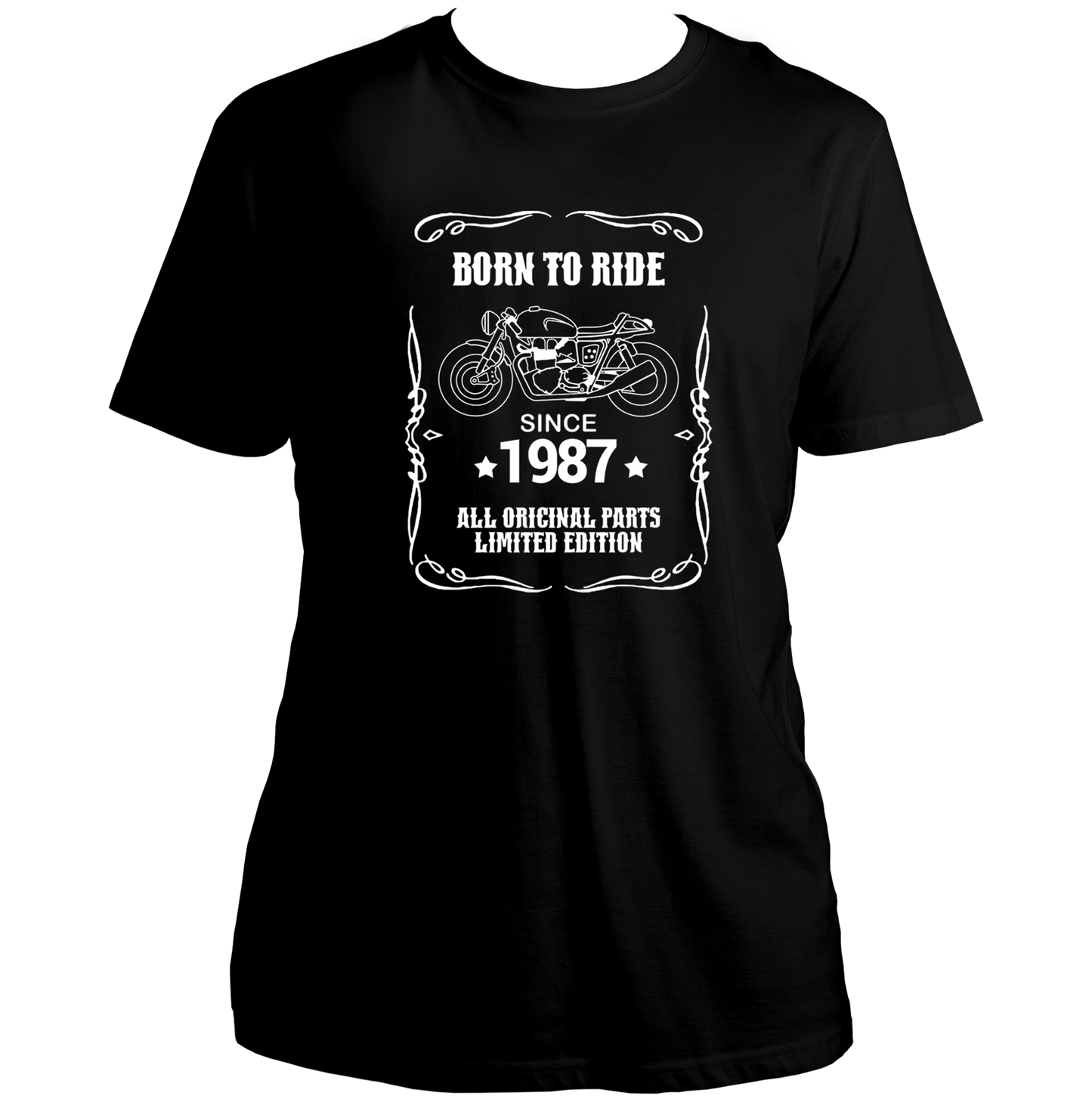Black Born To Ride Since 1987 Unisex T-Shirt with rider birthday artwork by Garrari