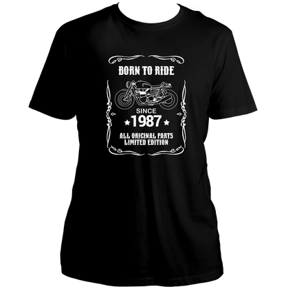 Black Born To Ride Since 1987 Unisex T-Shirt with rider birthday artwork by Garrari
