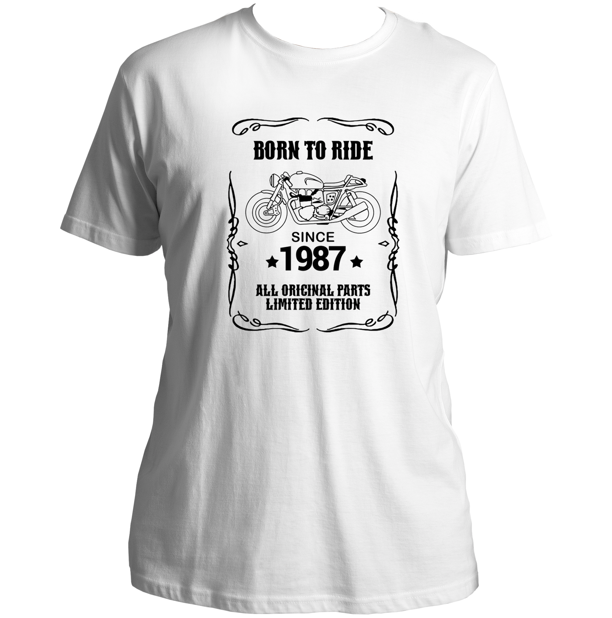 White Born To Ride Since 1987 Unisex T-Shirt with motorcycle print and 1987 birthday design by Garrari