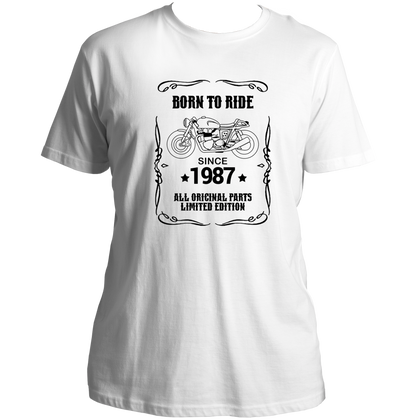 White Born To Ride Since 1987 Unisex T-Shirt with motorcycle print and 1987 birthday design by Garrari