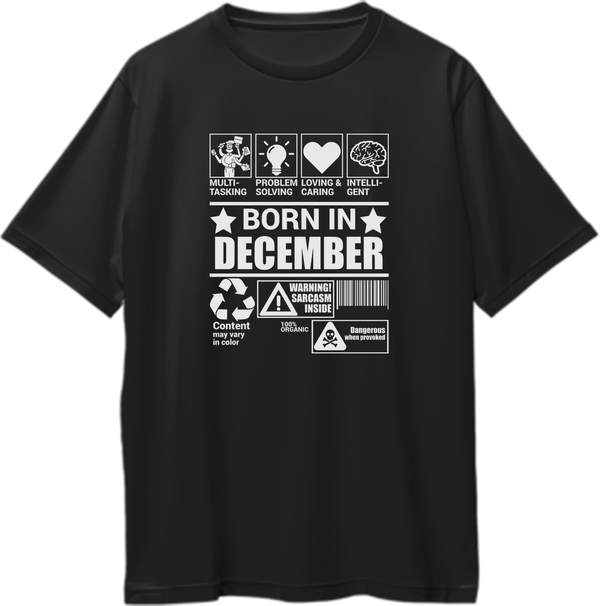 Black Born In December Oversized T-Shirt by Garrari with contrast December-born personality design