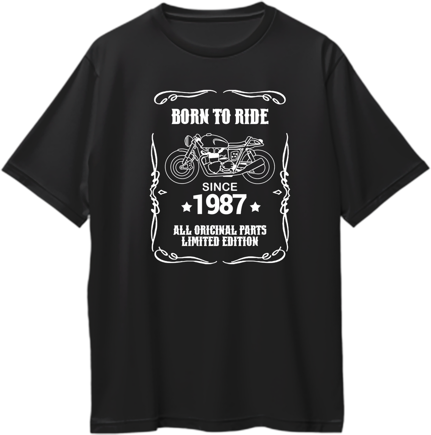 A black short-sleeve crewneck t-shirt with a white graphic print on the front. The graphic features a vintage motorcycle illustration and the text 'BORN TO RIDE', 'SINCE 1987', and 'ALL ORIGINAL PARTS LIMITED EDITION'.