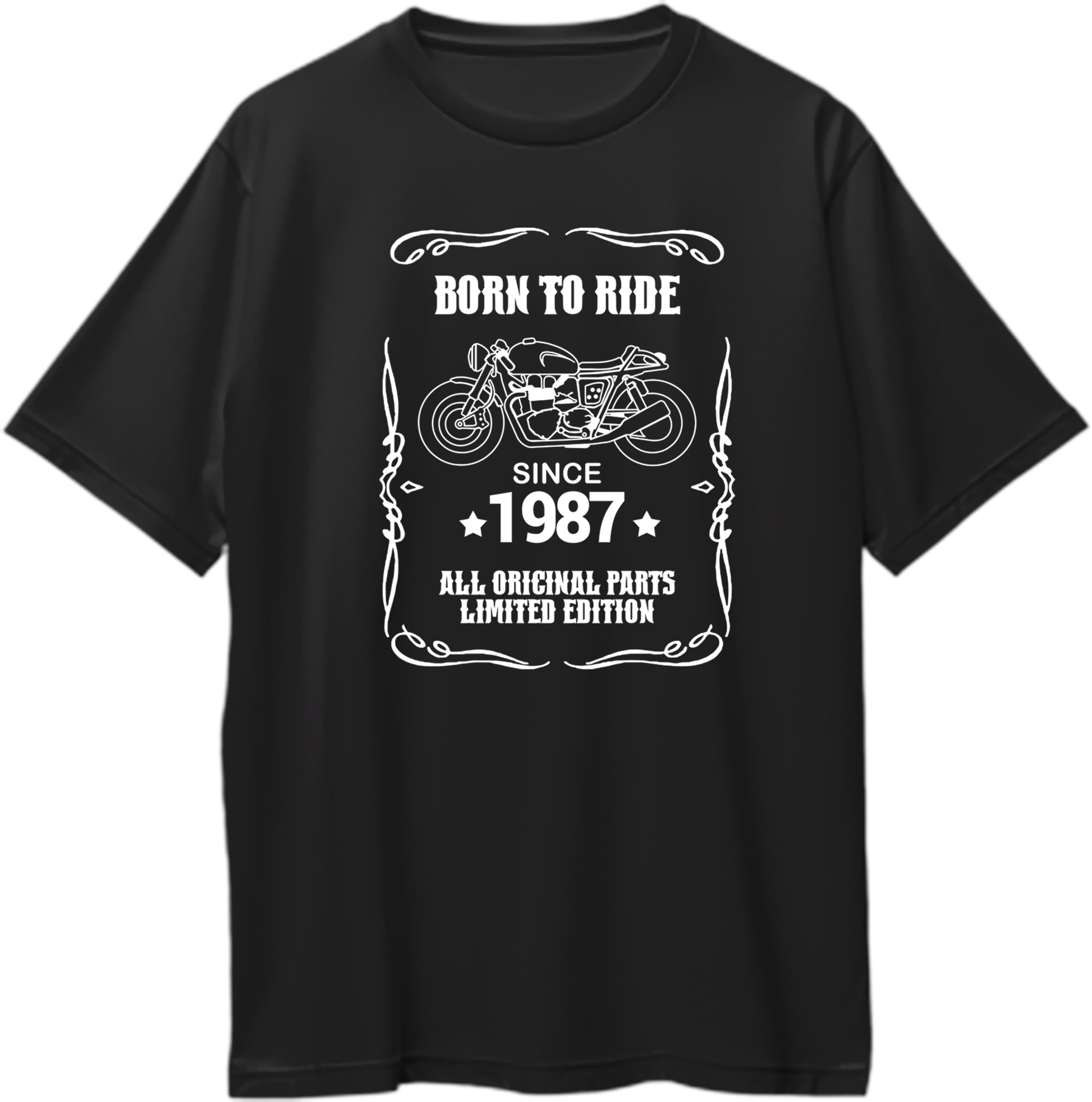 A black short-sleeve crewneck t-shirt with a white graphic print on the front. The graphic features a vintage motorcycle illustration and the text 'BORN TO RIDE', 'SINCE 1987', and 'ALL ORIGINAL PARTS LIMITED EDITION'.