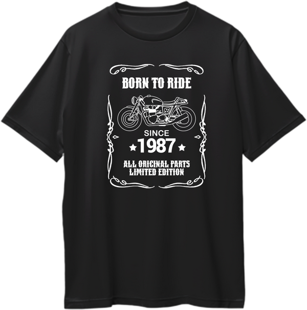 A black short-sleeve crewneck t-shirt with a white graphic print on the front. The graphic features a vintage motorcycle illustration and the text 'BORN TO RIDE', 'SINCE 1987', and 'ALL ORIGINAL PARTS LIMITED EDITION'.