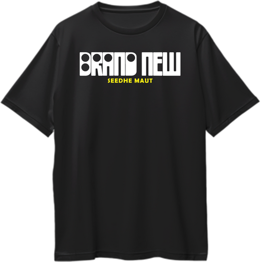 Brand New Seedhe Maut Oversized Unisex T-Shirt featuring bold streetwear design inspired by the 'Brand New' track. Ideal for fans of the rap duo Seedhe Maut, the t-shirt offers an oversized fit perfect for a trendy, comfortable look.