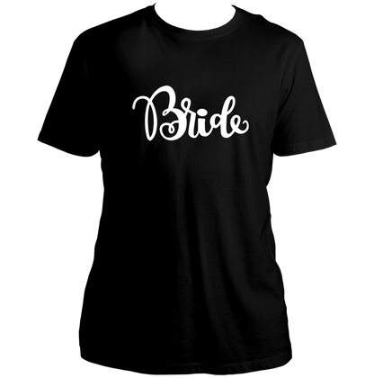 Black Bride Unisex T-Shirt by Garrari with white handwritten bridal print for bachelorette party