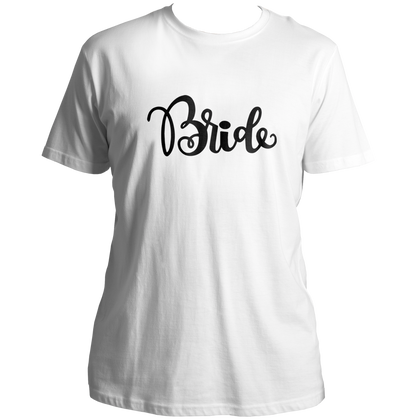 White Bride Unisex T-Shirt by Garrari with minimalist bride print for bachelorette celebration