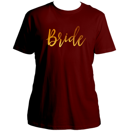 Maroon Bride Golden Reflective Unisex T-Shirt by Garrari with golden bridal script print