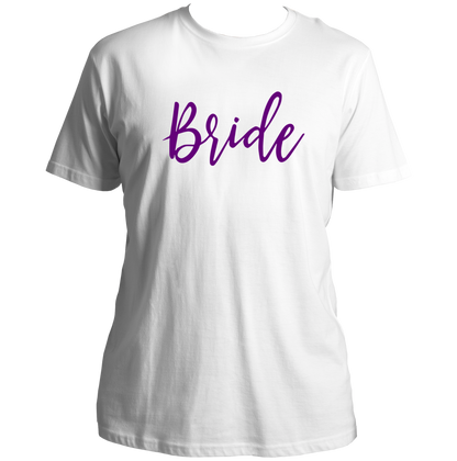 White Bride Unisex T-Shirt by Garrari with bridal script print for bachelorette party