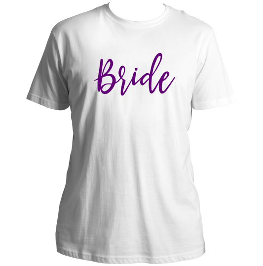 White Bride Unisex T-Shirt by Garrari with bridal script print for bachelorette party