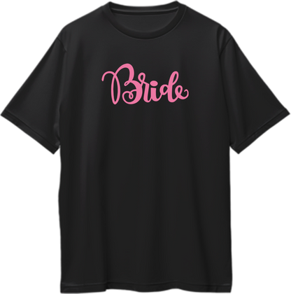 Black Bride Oversized T-Shirt by Garrari with bridal script print for pre-wedding celebration