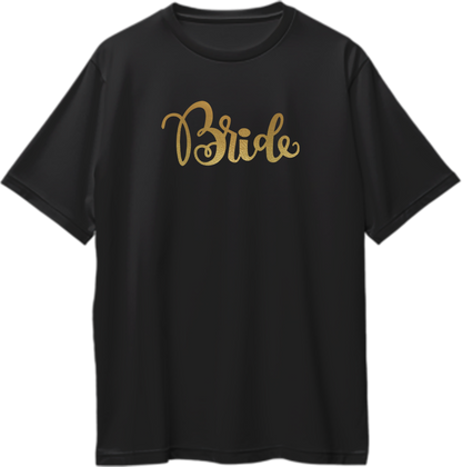 Black Bride Golden Reflective Oversized T-Shirt by Garrari with golden reflective-matte Bride script
