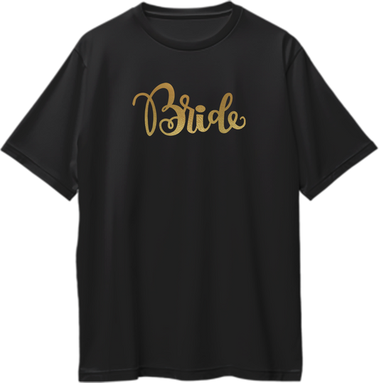 Black Bride Golden Reflective Oversized T-Shirt by Garrari with golden reflective-matte Bride script