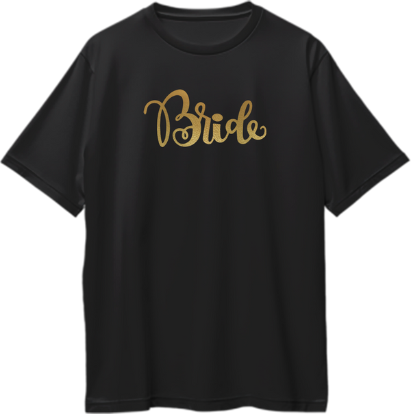 Black Bride Golden Reflective Oversized T-Shirt by Garrari with golden reflective-matte Bride script