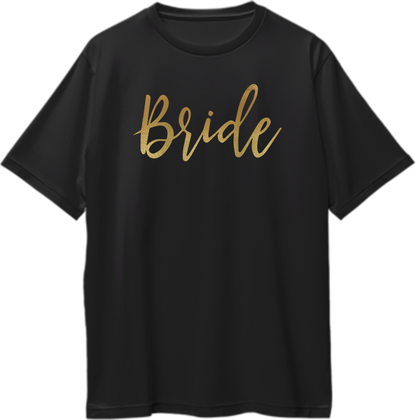 Black Bride Golden Reflective Oversized T-Shirt by Garrari with golden reflective-matte Bride script