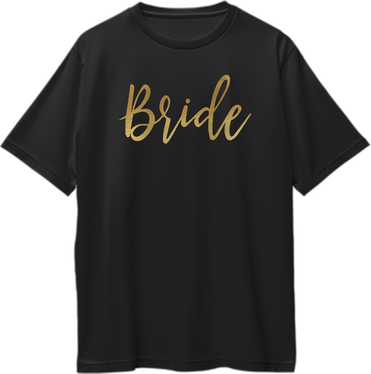 Black Bride Golden Reflective Oversized T-Shirt by Garrari with golden reflective-matte Bride script