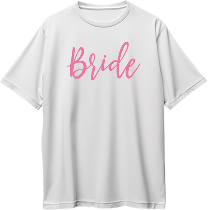 White Bride Oversized T-Shirt by Garrari with pink bridal script print for bachelorette party