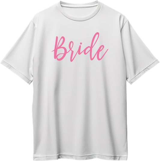 White Bride Oversized T-Shirt by Garrari with pink bridal script print for bachelorette party