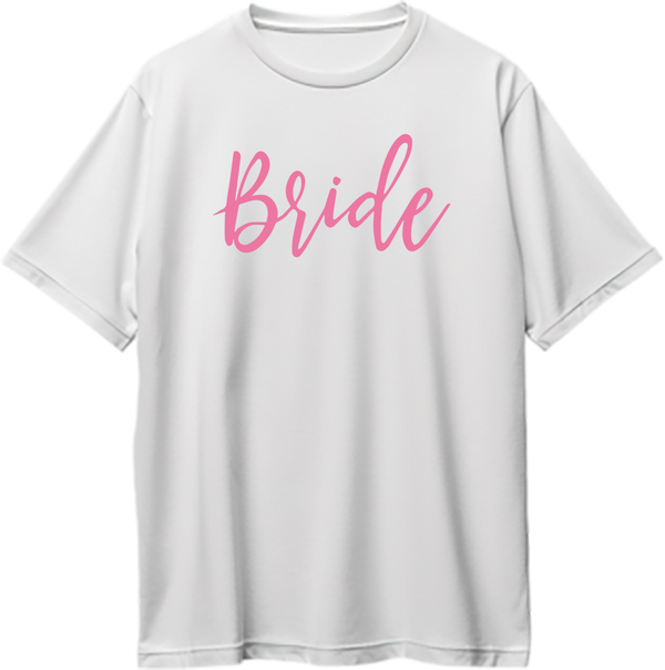 White Bride Oversized T-Shirt by Garrari with pink bridal script print for bachelorette party