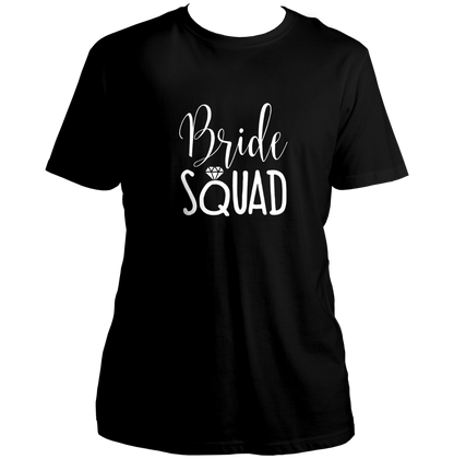 Black Bride Squad Unisex T-Shirt by Garrari with white bridesmaid group print for bachelorette party
