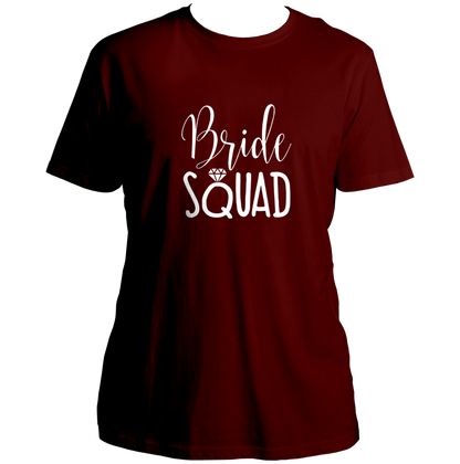 Maroon Bride Squad Unisex T-Shirt by Garrari with white bridesmaid group print for bachelorette party