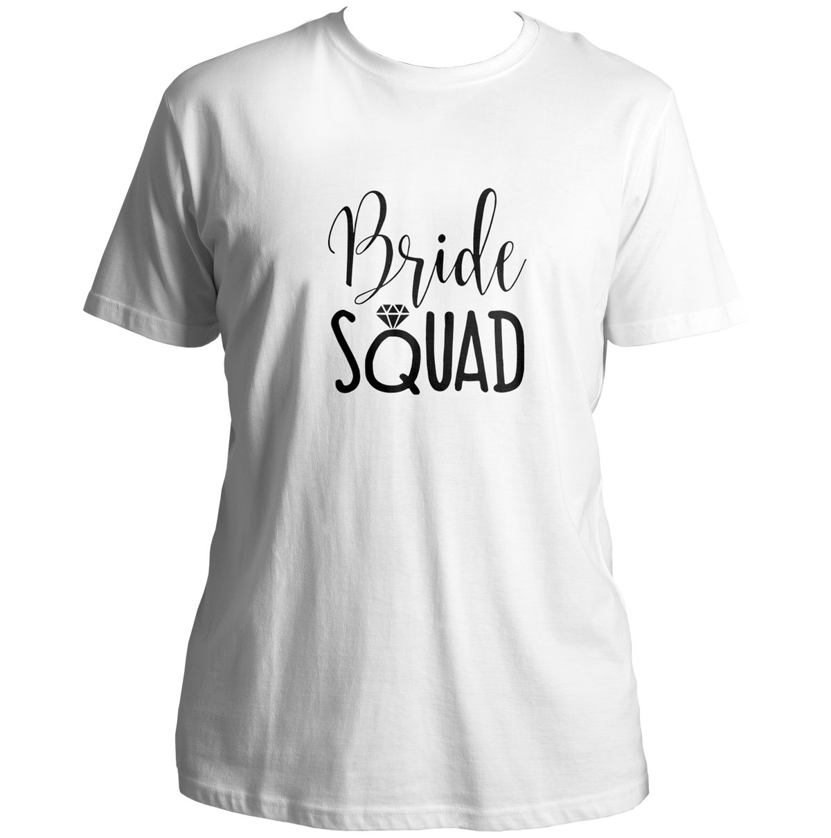 White Bride Squad Unisex T-Shirt by Garrari with black Bride Squad print for pre-wedding photoshoot