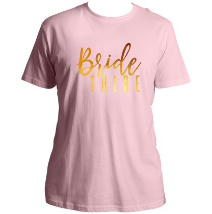 Baby Pink Bride Tribe Golden Reflective Unisex T-Shirt by Garrari for bachelorette party and bridal trip