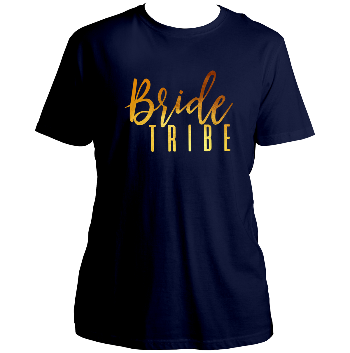 Navy Blue Bride Tribe Golden Reflective Unisex T-Shirt by Garrari with golden bridesmaid print