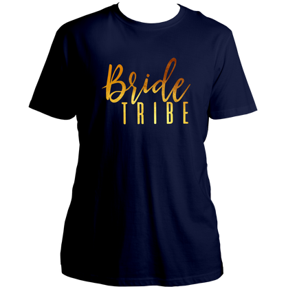 Navy Blue Bride Tribe Golden Reflective Unisex T-Shirt by Garrari with golden bridesmaid print