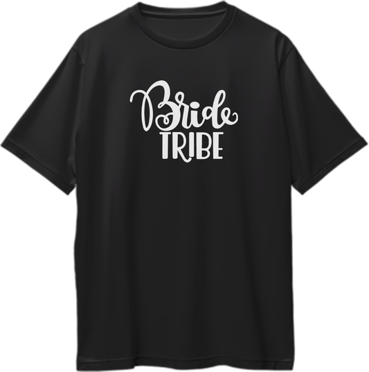 Black Bride Tribe Oversized T-Shirt by Garrari with white bridal crew print for bachelorette party