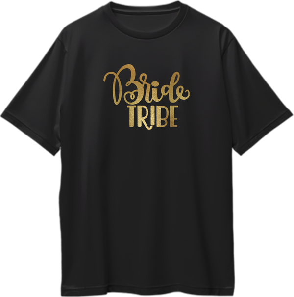 Black Bride Tribe Golden Reflective Oversized T-Shirt by Garrari with golden reflective-matte bridal crew print