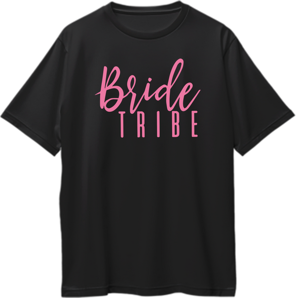 Black Bride Tribe Oversized T-Shirt by Garrari with Bride Tribe script print for bachelorette party