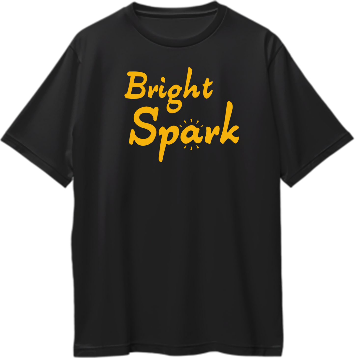 Black Bright Spark Oversized T-Shirt with bold yellow typography and spark detail by Garrari