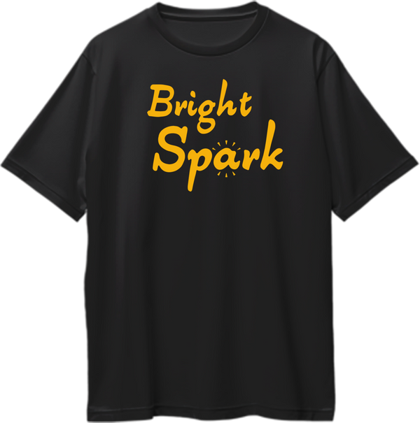 Black Bright Spark Oversized T-Shirt with bold yellow typography and spark detail by Garrari