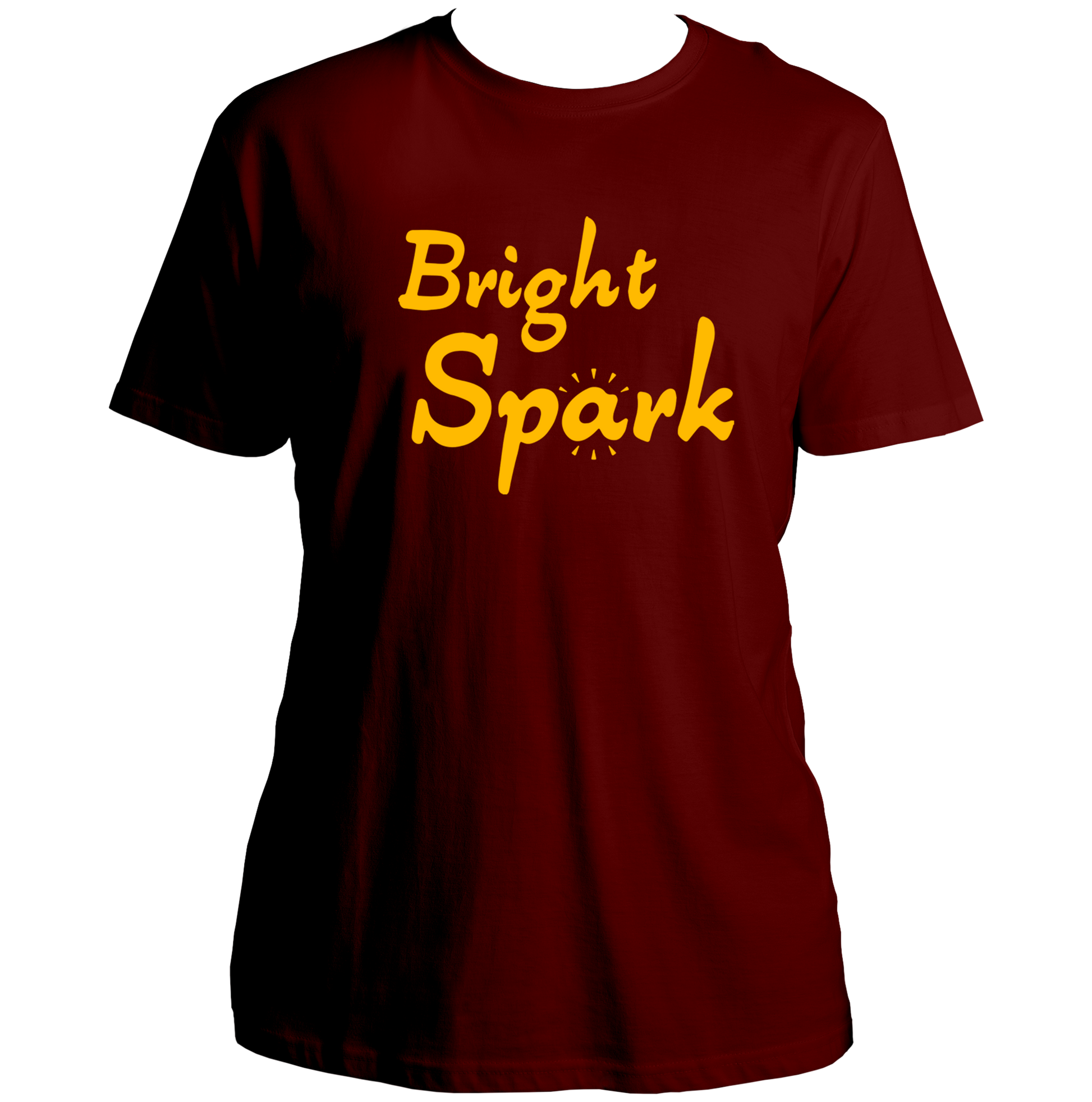 Maroon Bright Spark Unisex T-Shirt with yellow quirky typography print by Garrari