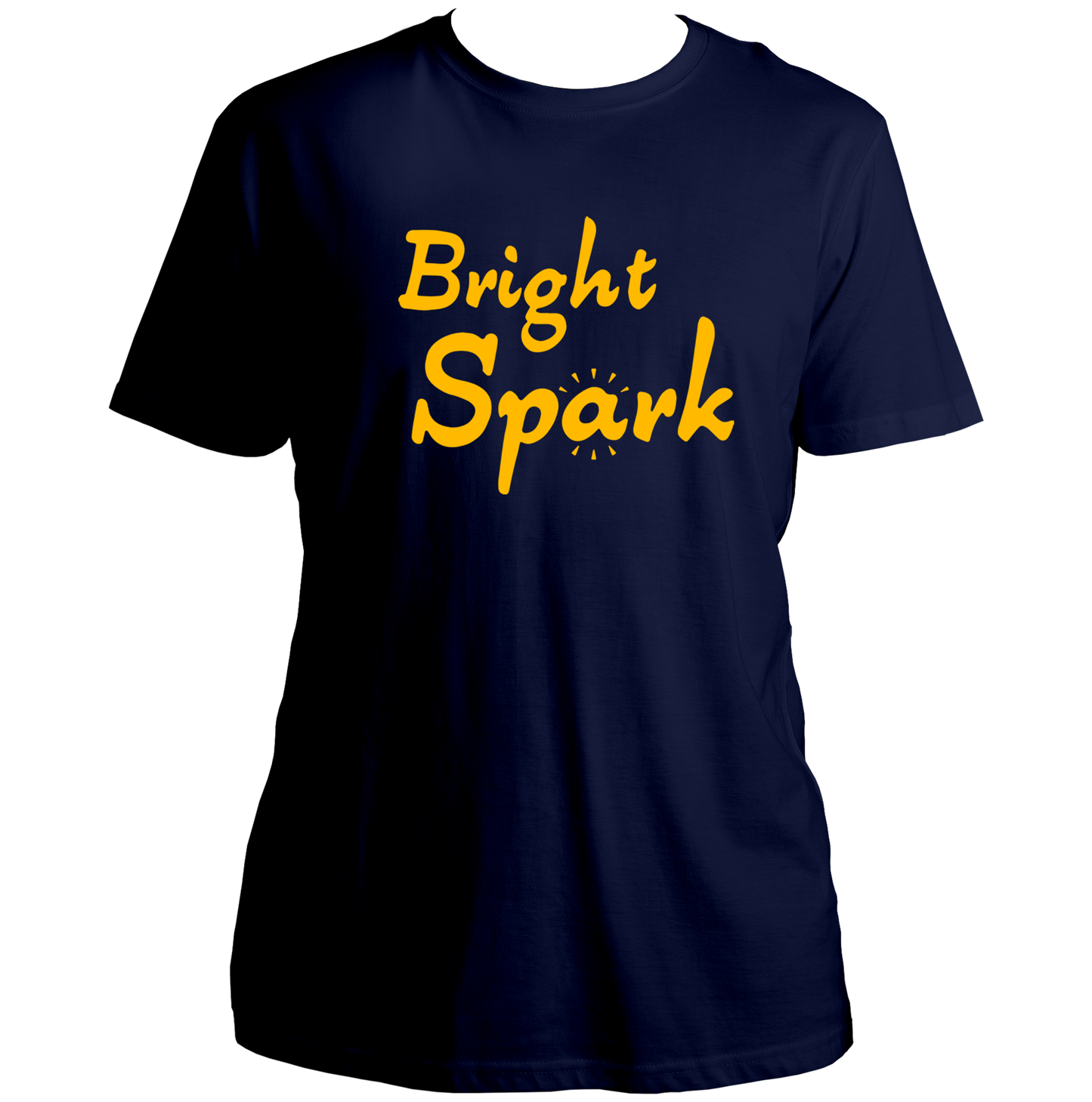 Navy Blue Bright Spark Unisex T-Shirt with bold Bright Spark text design by Garrari