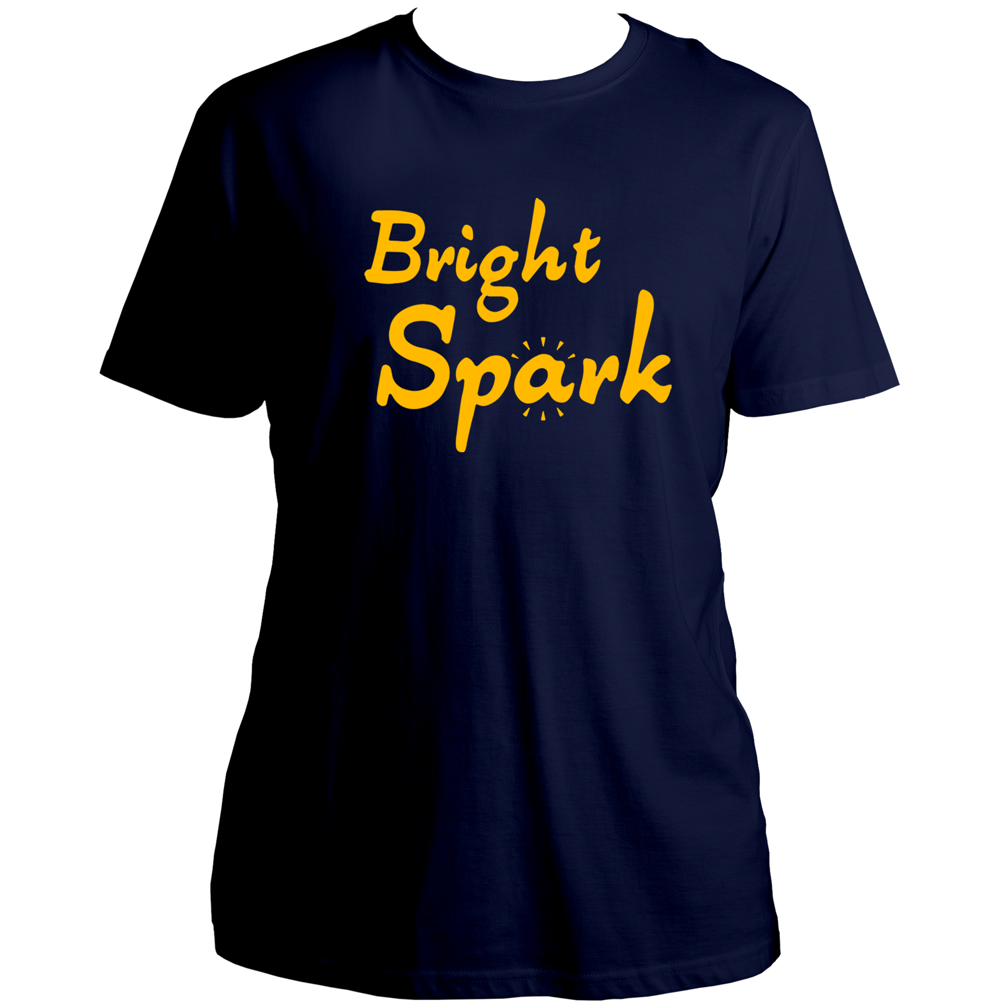 Navy Blue Bright Spark Unisex T-Shirt with bold Bright Spark text design by Garrari