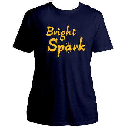 Navy Blue Bright Spark Unisex T-Shirt with bold Bright Spark text design by Garrari