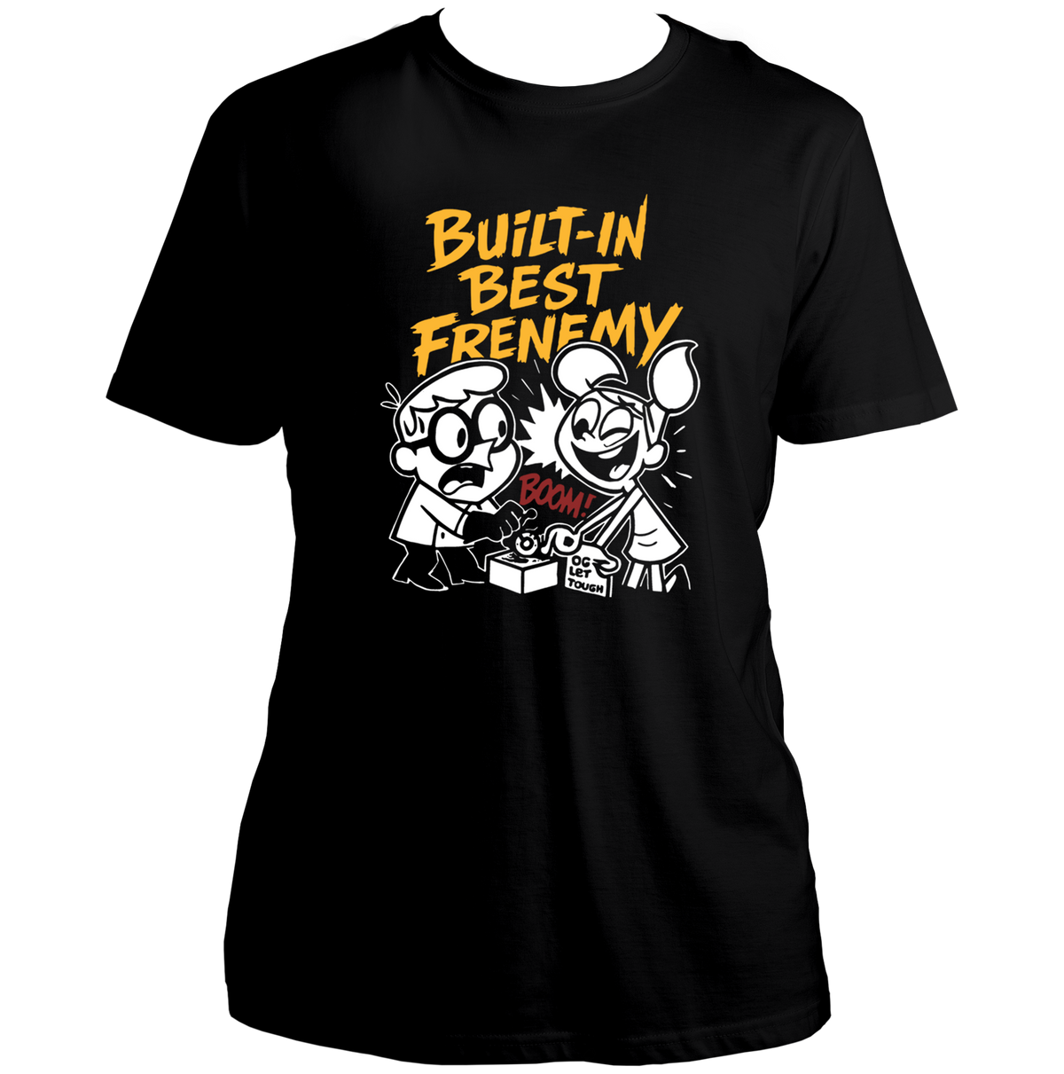 Black Built-In Best Frenemy Unisex T-Shirt by Garrari with yellow, white and red sibling cartoon graphic print