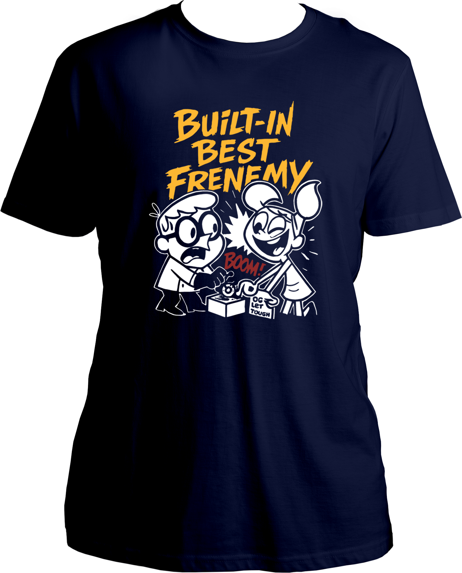 Regular fit navy blue unisex T-shirt with bold “Built-In Best Frenemy” text and a cute brother-sister cartoon graphic.