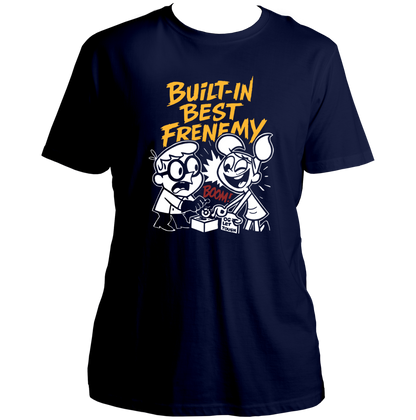 Navy Blue Built-In Best Frenemy Unisex T-Shirt by Garrari with yellow, white and red brother-sister graphic print