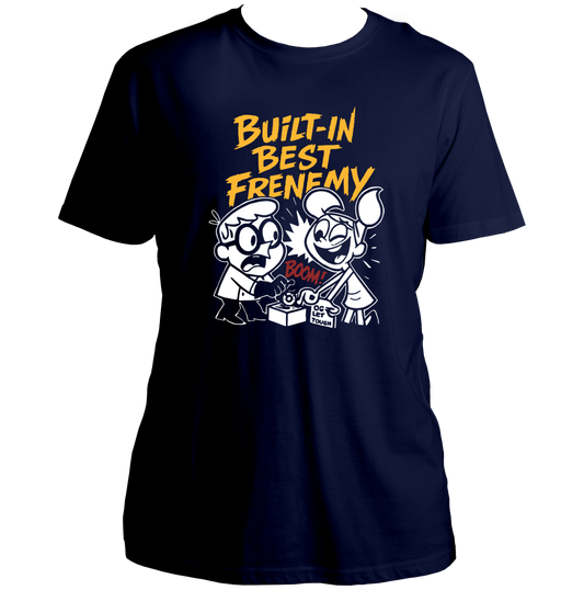 Navy Blue Built-In Best Frenemy Unisex T-Shirt by Garrari with yellow, white and red brother-sister graphic print
