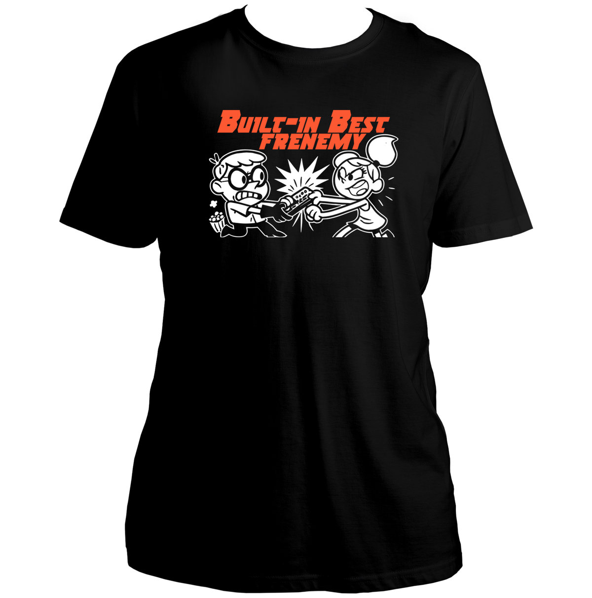 Built-In Best Frenemy Unisex T-Shirt by Garrari with funny brother-sister TV remote fight graphic